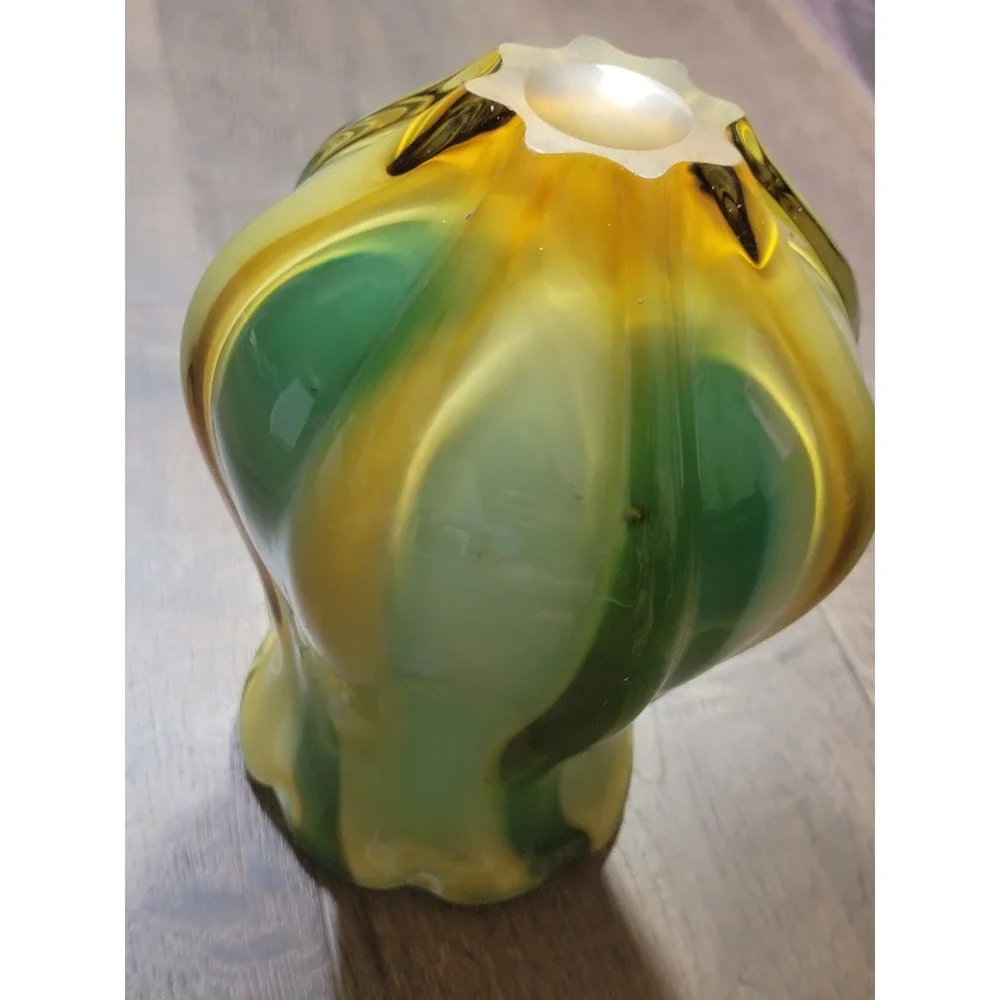Vintage Art Glass Vase Swirl Green Yellow Iridescent Fluted Top Bud murano style